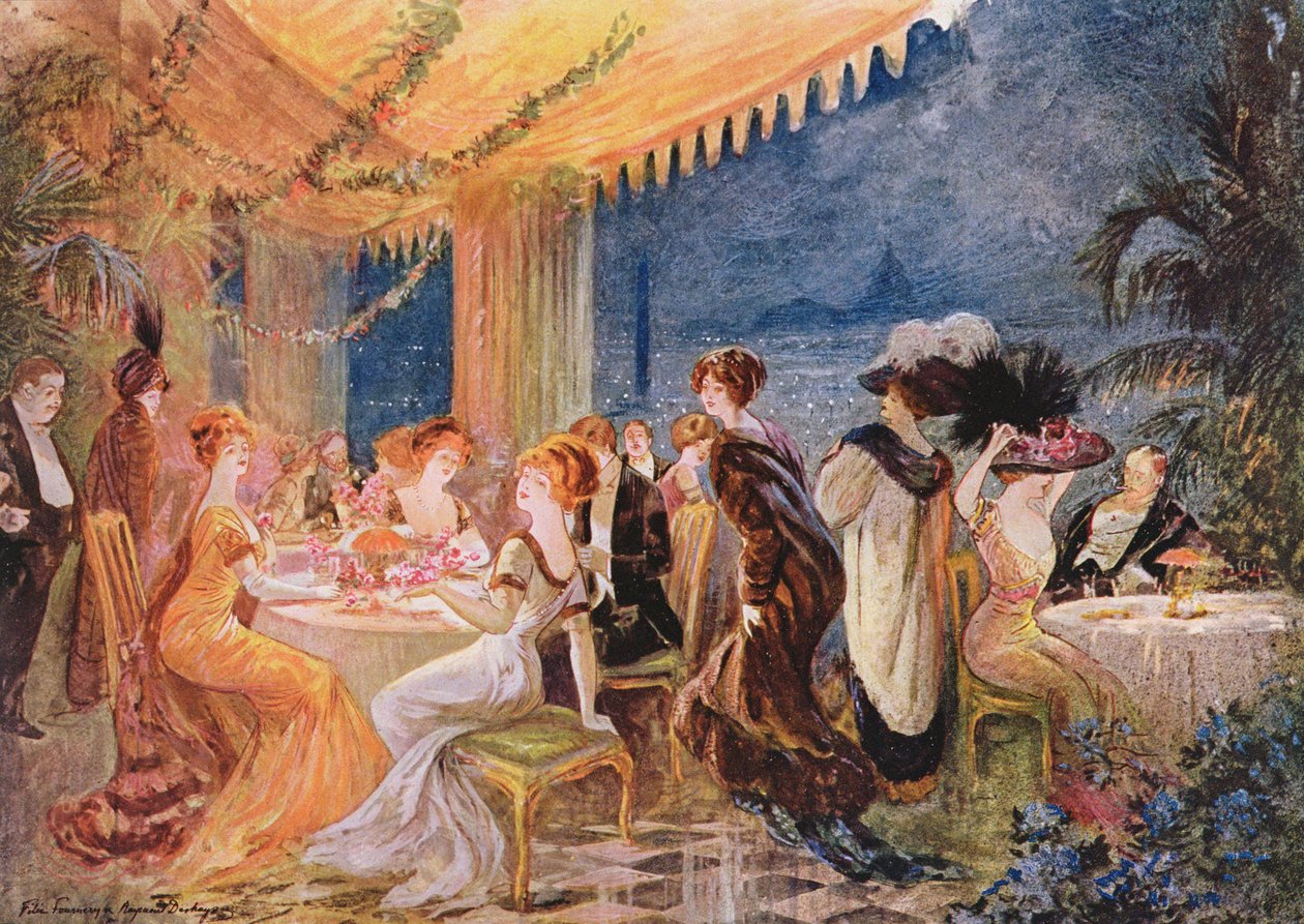 巴黎餐厅的Soiree，1910年Le Figaro Illustre的The Furrier Revillon广告 作者 费利克斯·富纳（Felix Fournery）