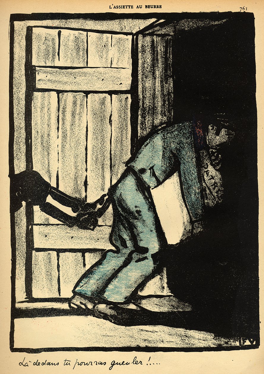 1902年3月1日，“犯罪和惩罚”，特别版“L&39;Assiette au Beurre”，一名男子抓住了政治海报被投入监狱 作者 费利克斯·爱德华·瓦洛顿