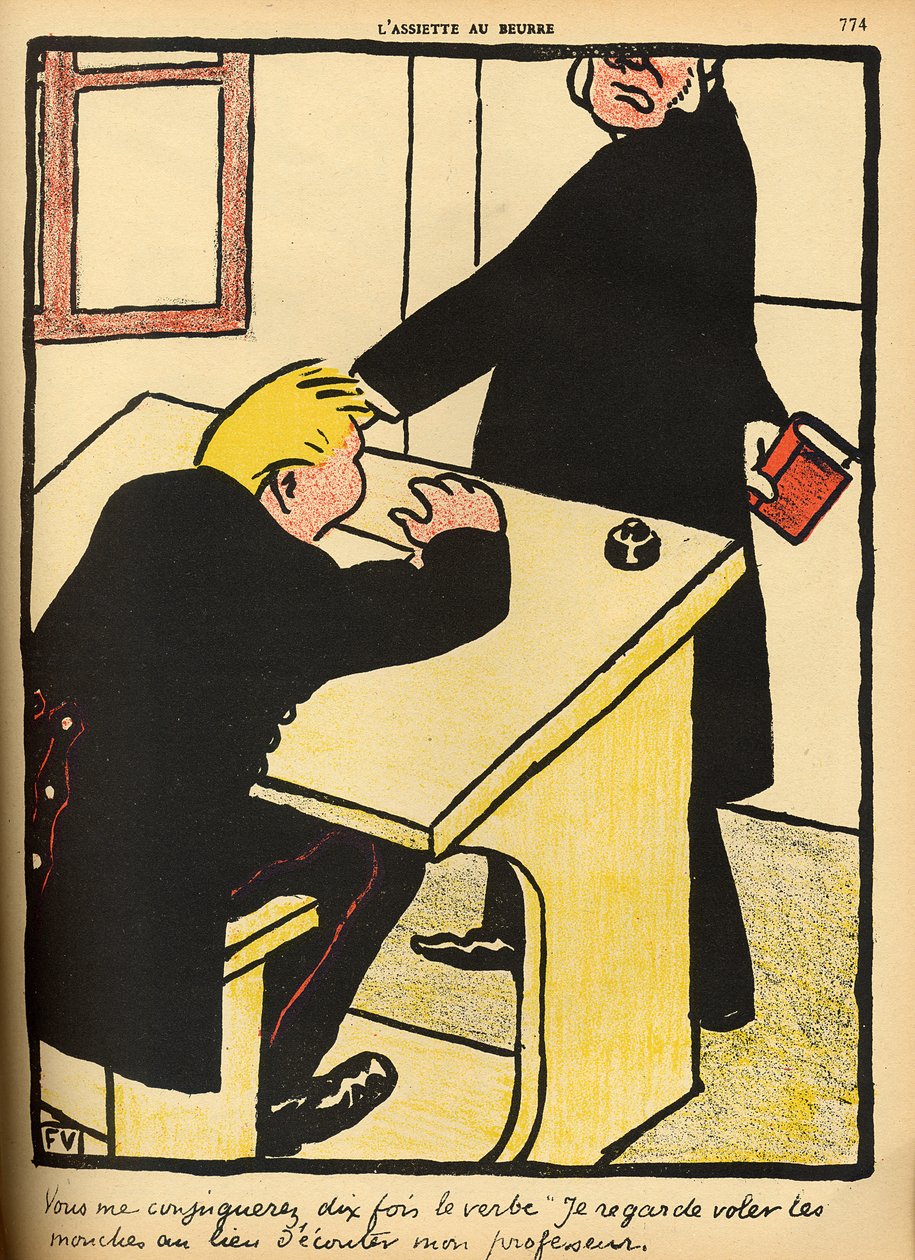 1902年3月1日，一位老师谴责他的学生，“犯罪和惩罚”，特别版“L&39;Assiette au Beurre” 作者 费利克斯·爱德华·瓦洛顿