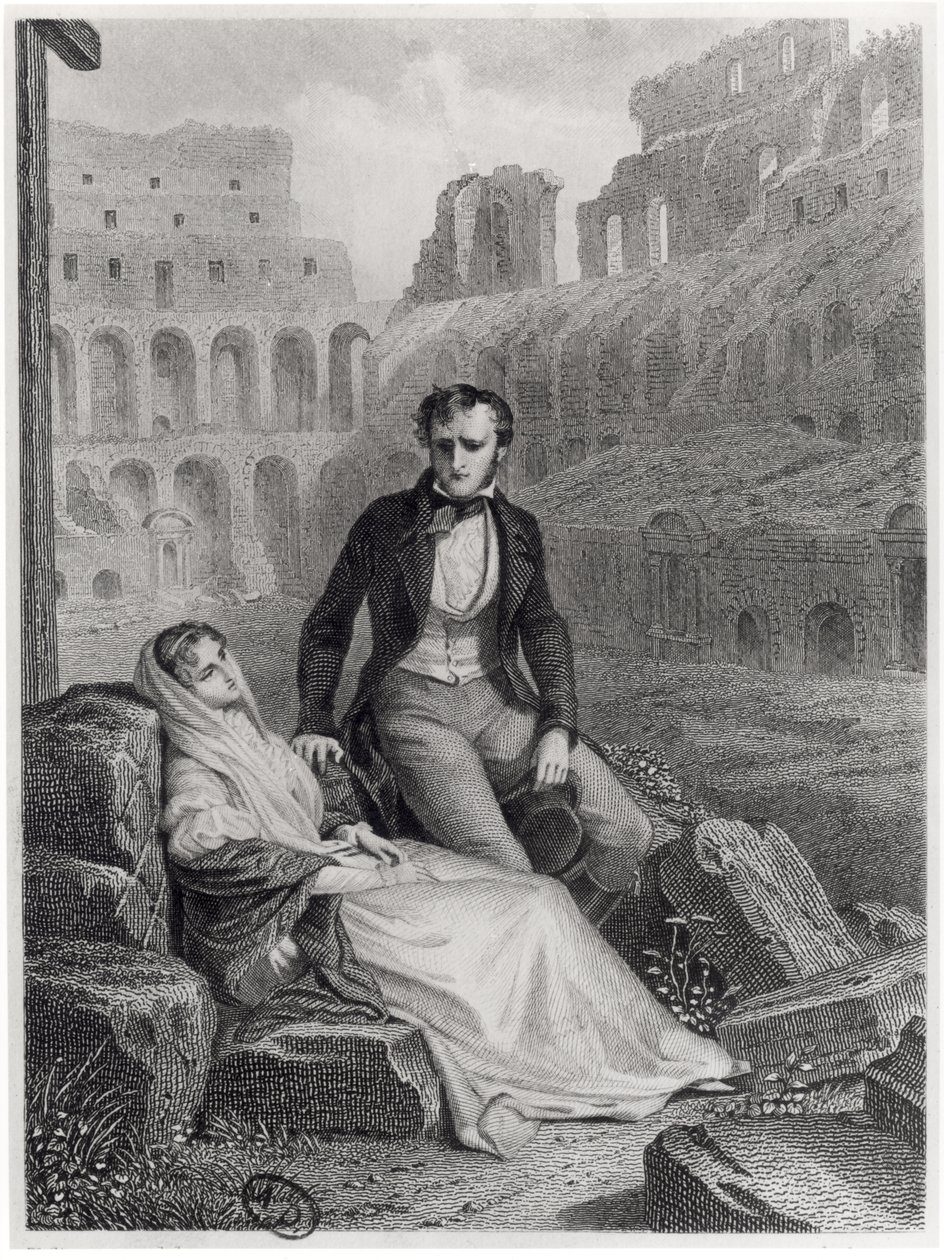 Francois Rene（1768-1848）Chateaubriand和Pauline de Beaumont在罗马斗兽场废墟中的子爵，来自Chateaubriand的&39;Memoires d&39;Outre-Tombe&39;的插图，由Jean Charles Pardinel雕刻 作者 菲利克斯·菲利波托