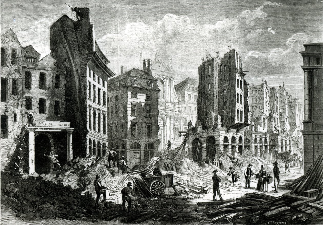 在第二帝国建造Boulevard de Sebastopol（现为Boulevard du Palais）。 1859年，Rue de la Barillerie的拆除视图，酒吧。作者：Henry Duff Linton（1815-99）（engrav 作者 费利克斯·索里尼（Felix Thorigny）