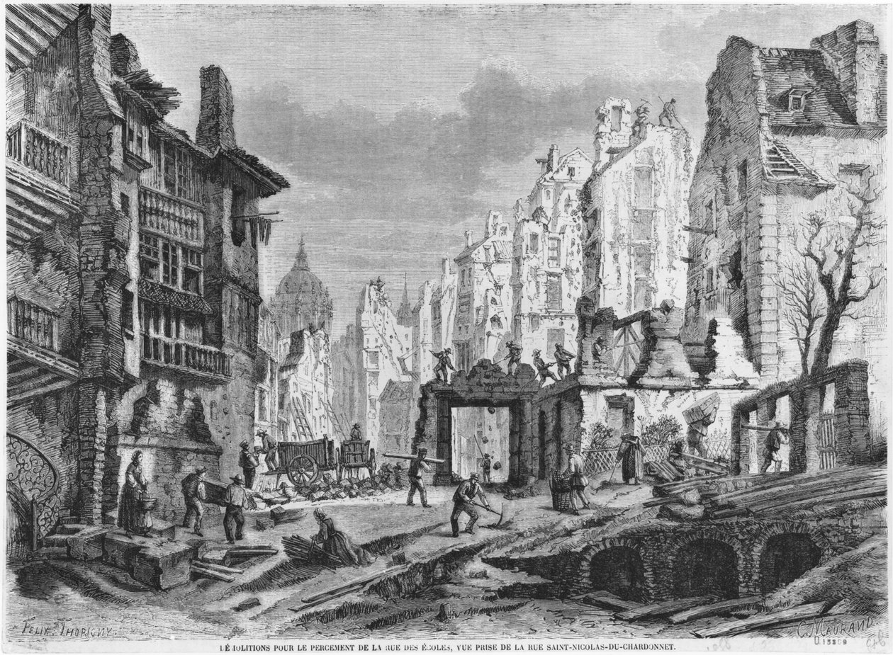 巴黎，Rue des Ecoles建筑物的拆除，取自Saint-Nicolas du Chardonnet街的视图，由Charles Maurand（19世纪）雕刻而成 作者 费利克斯·索里尼（Felix Thorigny）