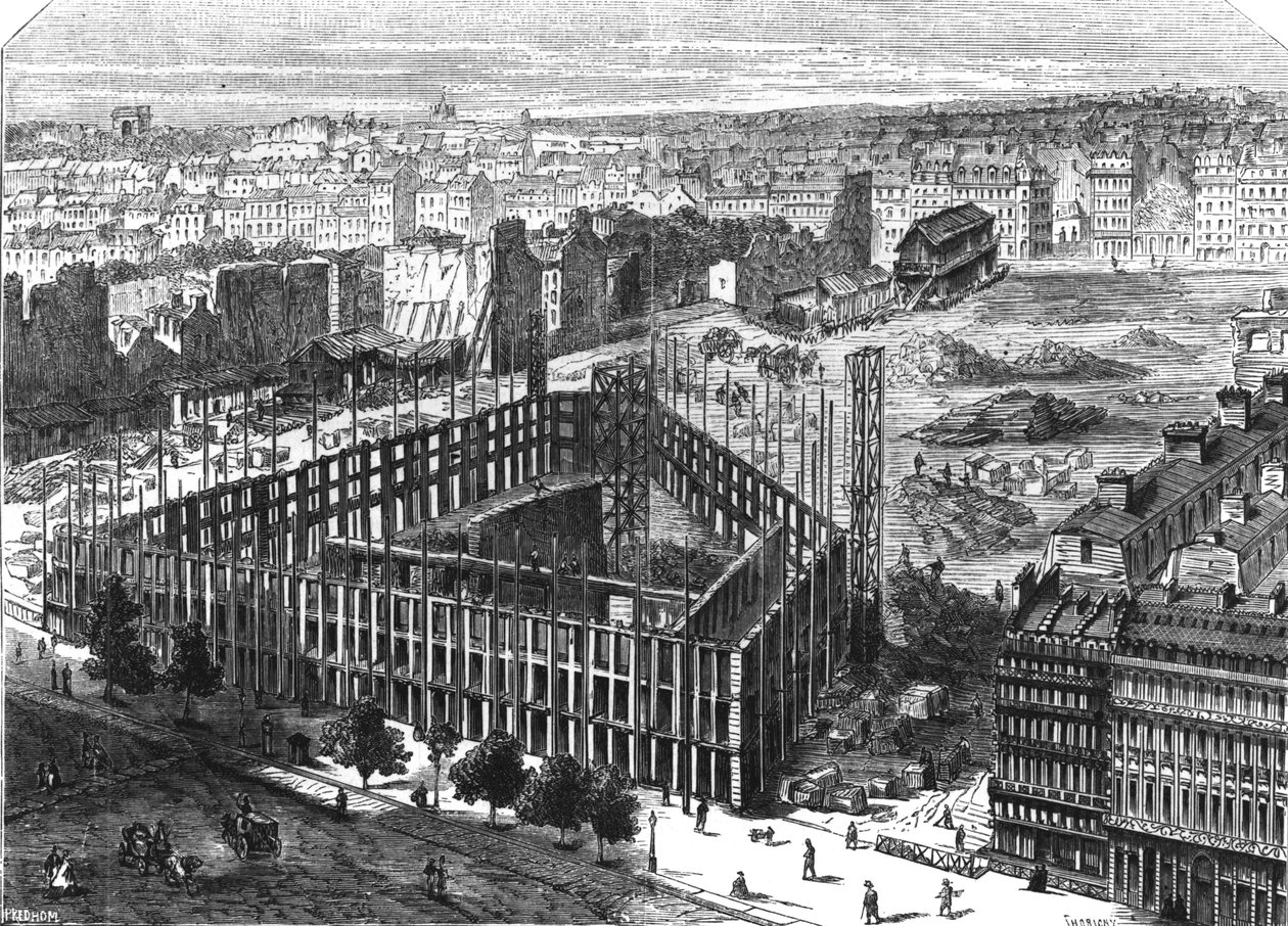 巴黎的改造：建于1861年，位于Neuve-des-Mathurins街道，Chaussee-d&39;Antin和Boulevard des Capucines之间，新歌剧院的所在地和Hotel de la Paix酒店的建筑，雕刻 作者 费利克斯·索里尼（Felix Thorigny）