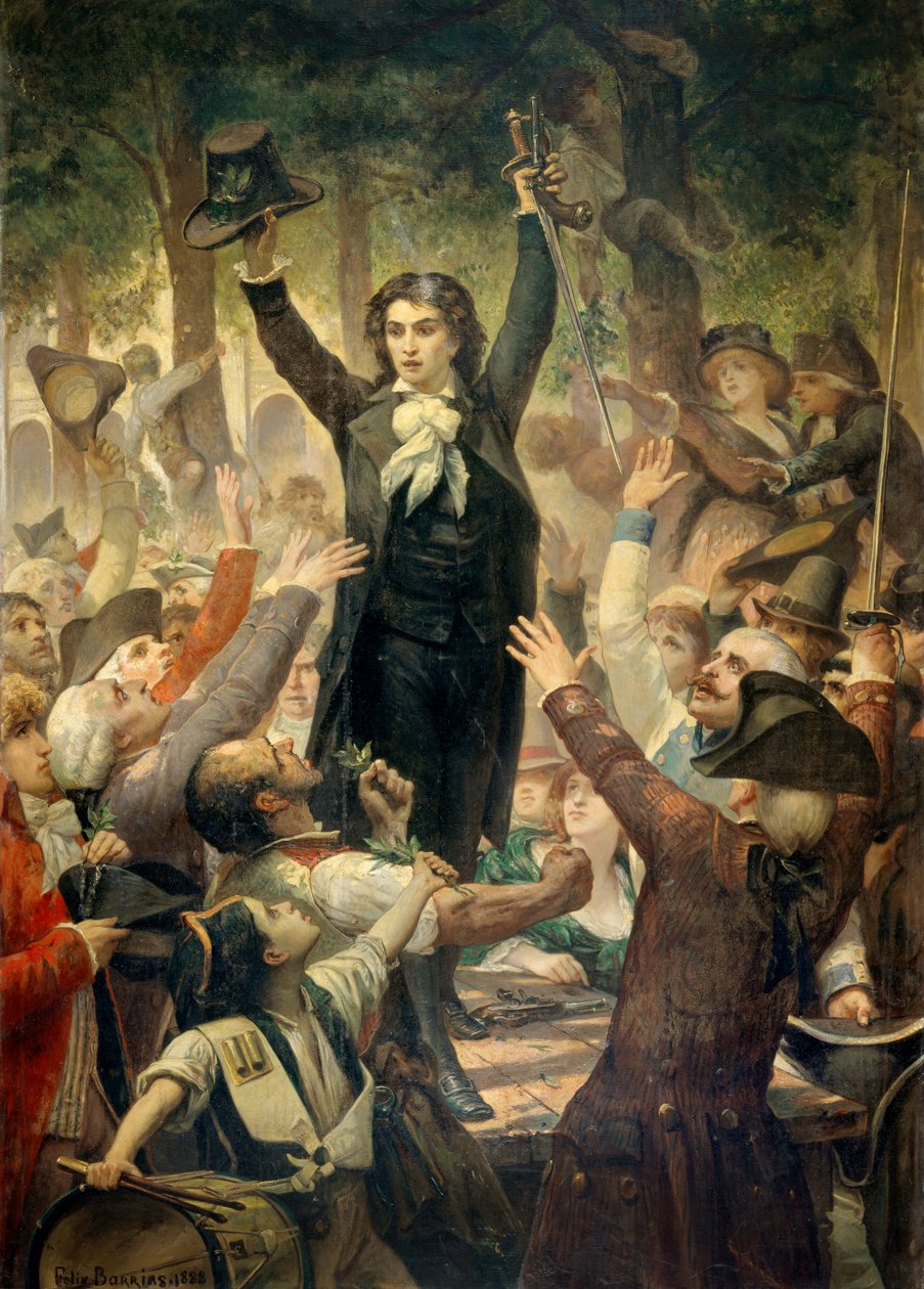 卡米尔·德穆兰（Camille Desmoulins，1760-1794 年）在皇宫花园里骚扰爱国者 巴黎法国大革命首演场景：1789 年 7 月 12 日，在国王解雇雅克·内克尔后，卡米尔·德穆兰在皇家宫骚扰了人群 作者 费利克斯·约瑟夫·巴里亚斯