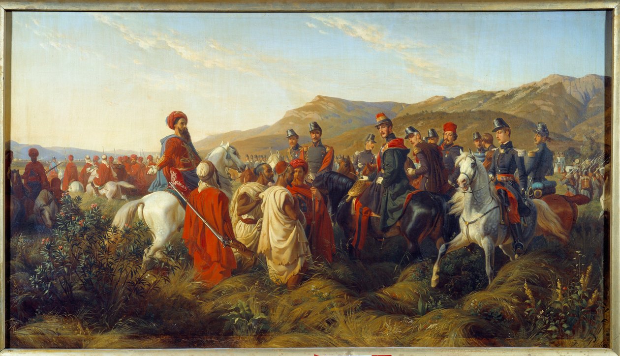 Conquete of Algeria (1830-1847): 1840 年阿尔及利亚战役的插曲 - 奥尔良公爵费迪南德·菲利普 (Ferdinand-Philippe) (1810-1842)，国王路易·菲利普 (Louis-Philippe) 1st 的儿子，授予自由 Bl 营地附近的两名阿拉伯囚犯 作者 菲利克斯（后）菲利普波特
