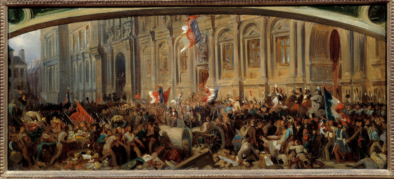 1848 年革命：“”法国作家和政治家阿尔方斯·德·拉马丁 (Alphonse de Lamartine，1790-1869 年) 于 1848 年 2 月 25 日在市政厅拒绝了红旗。 Felix Philippoteaux 的绘画（约 1815-1884 年） 作者 菲利克斯（后）菲利普波特