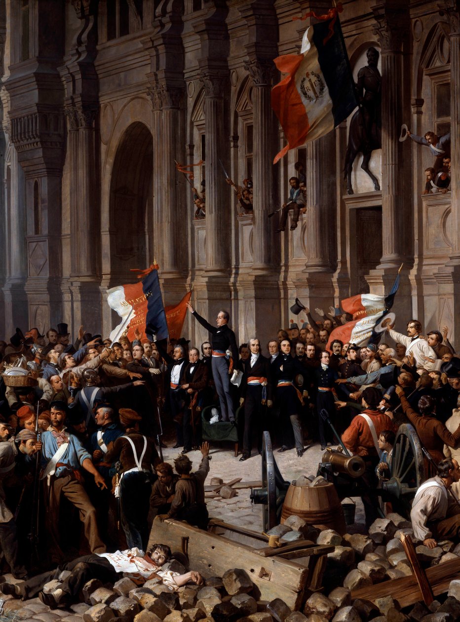 1848 年革命：阿尔方斯·德·拉马丁（Alphonse de Lamartine，1790 - 1869 年）在市政厅拒绝将红旗换成三色旗。 巴黎，1848 年 2 月 26 日。 Henri Felix Philippoteaux (1815 - 1884) 的绘画细节，巴黎，Musee Du PetitPalais - 1848 年革命 作者 菲利克斯（后）菲利普波特