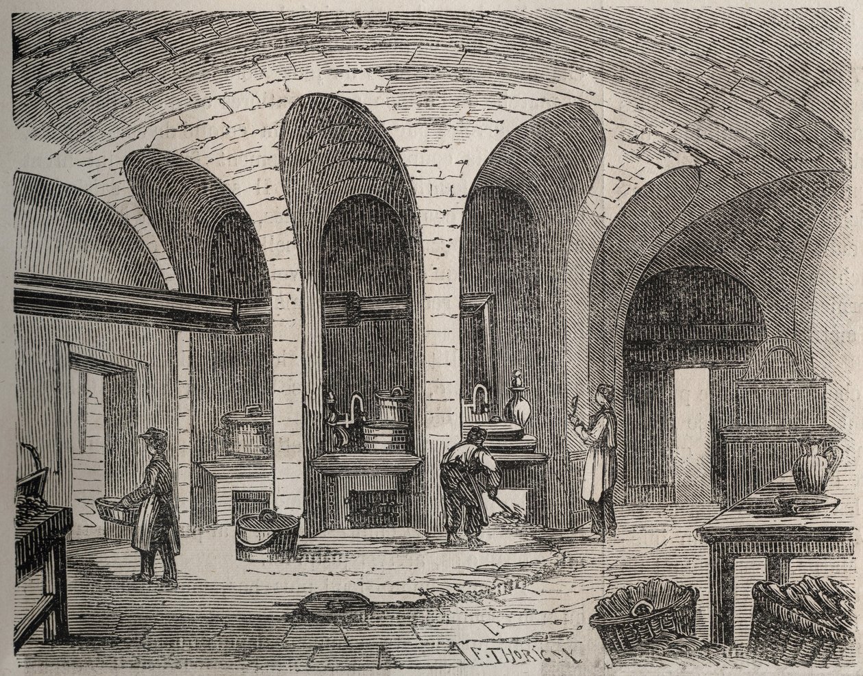 巴黎--小罗盖特监狱（妇女和青少年监狱）--Les Cuisines--Felix Thorigny之后的版画--1865年7月的《世界画报》。 作者 费利克斯（后）索里尼