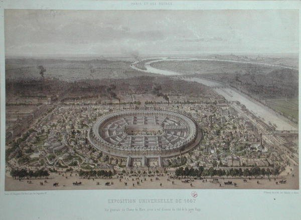 1867年巴黎世界博览会全景，从拉普门拍摄（彩色平版）。 作者 费利克斯·贝诺斯特
