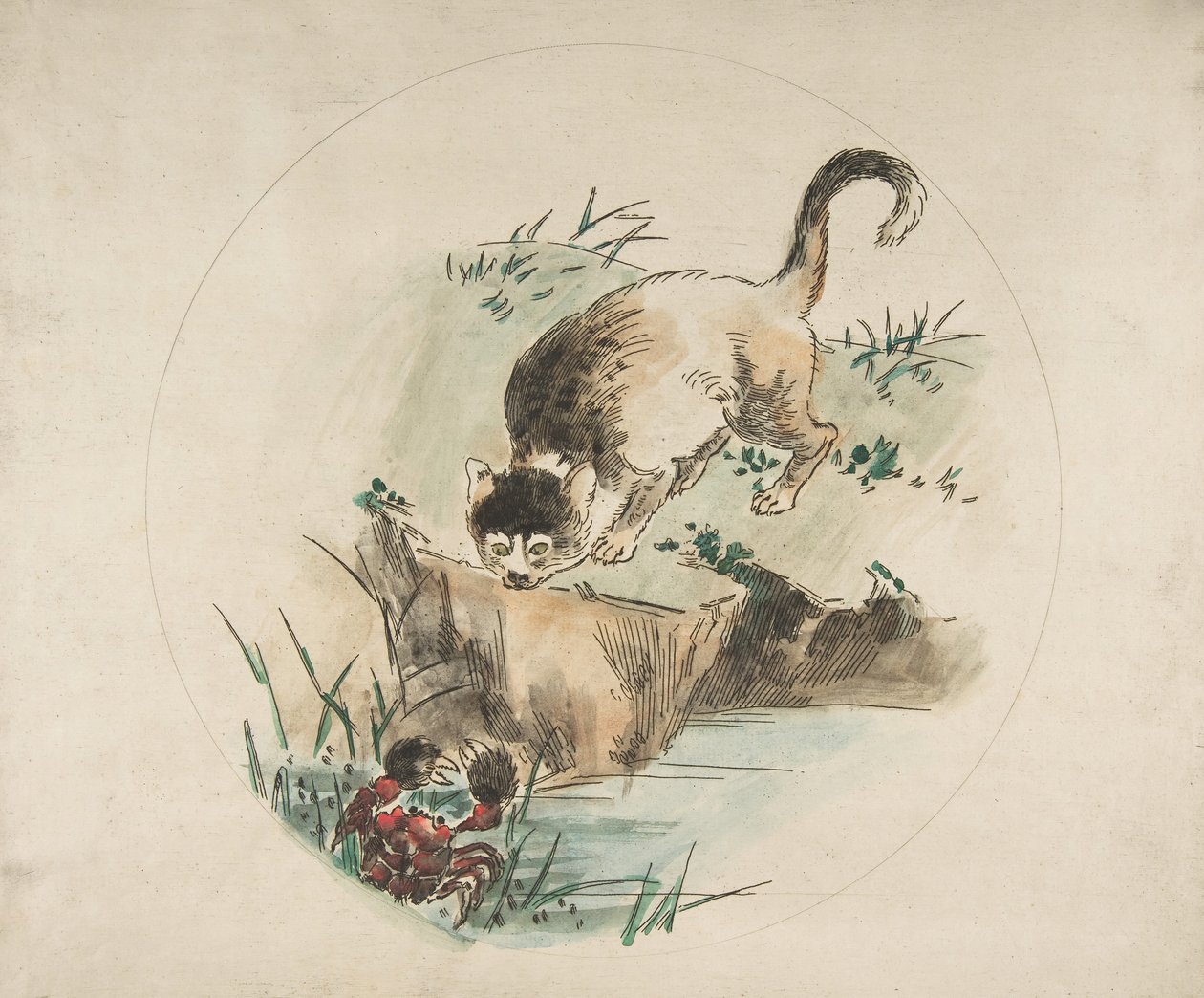 盘子的装饰：一只猎蟹的猫，1850-1914。 作者 费利克斯·布拉克蒙德