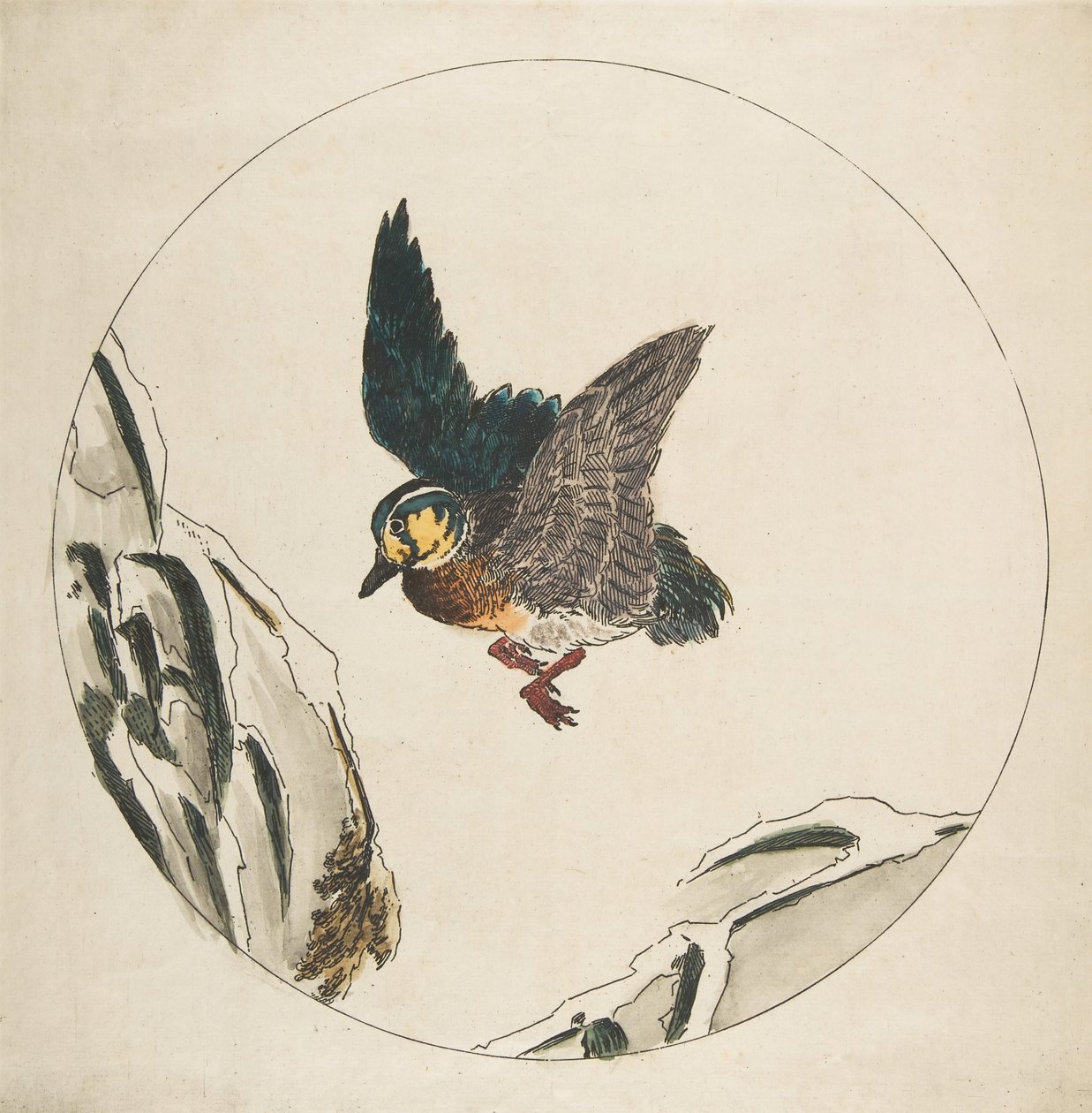 盘子的装饰：一只鸭子飞过白雪覆盖的树枝，1850-1914。 作者 费利克斯·布拉克蒙德