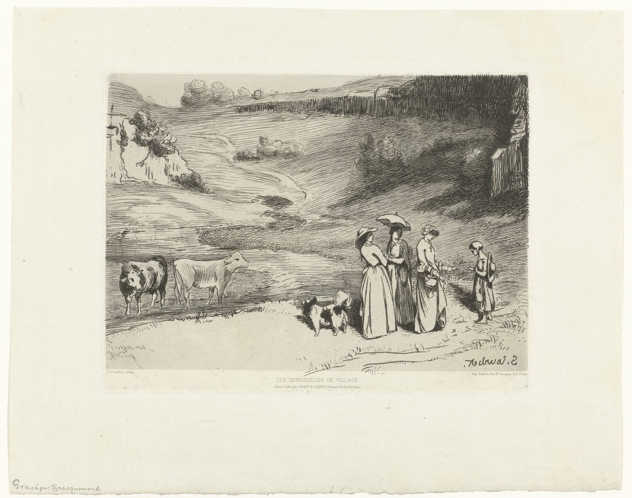 年轻妇女在丘陵地带给牧羊女钱 Les demoiselles du Villages（物体上的标题） 作者 费利克斯·布拉克蒙德