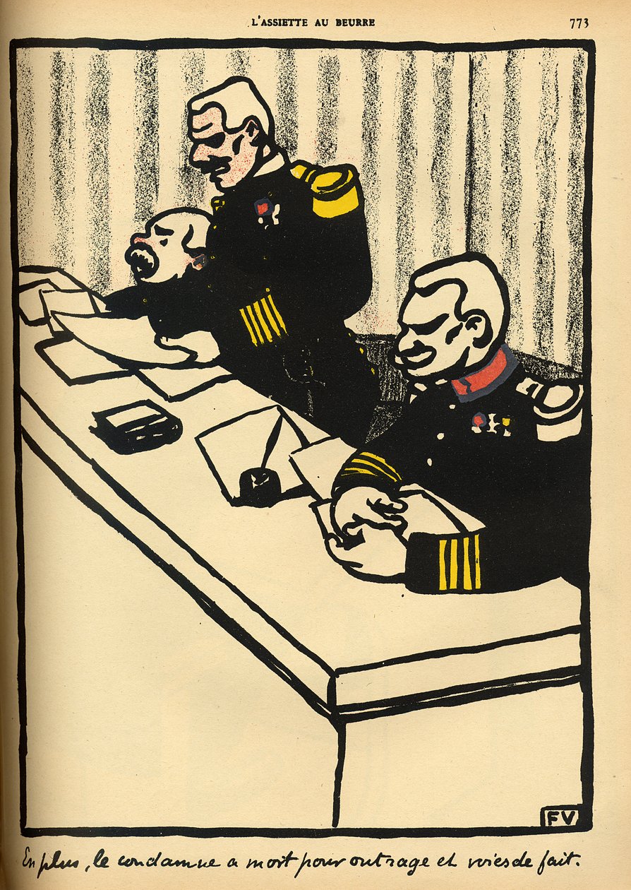 一个军事法庭代表死刑判决，罪名是“犯罪和惩罚”，特别版“L&39;Assiette au Beurre”，1902年3月1日 作者 费利克斯·爱德华·瓦洛顿