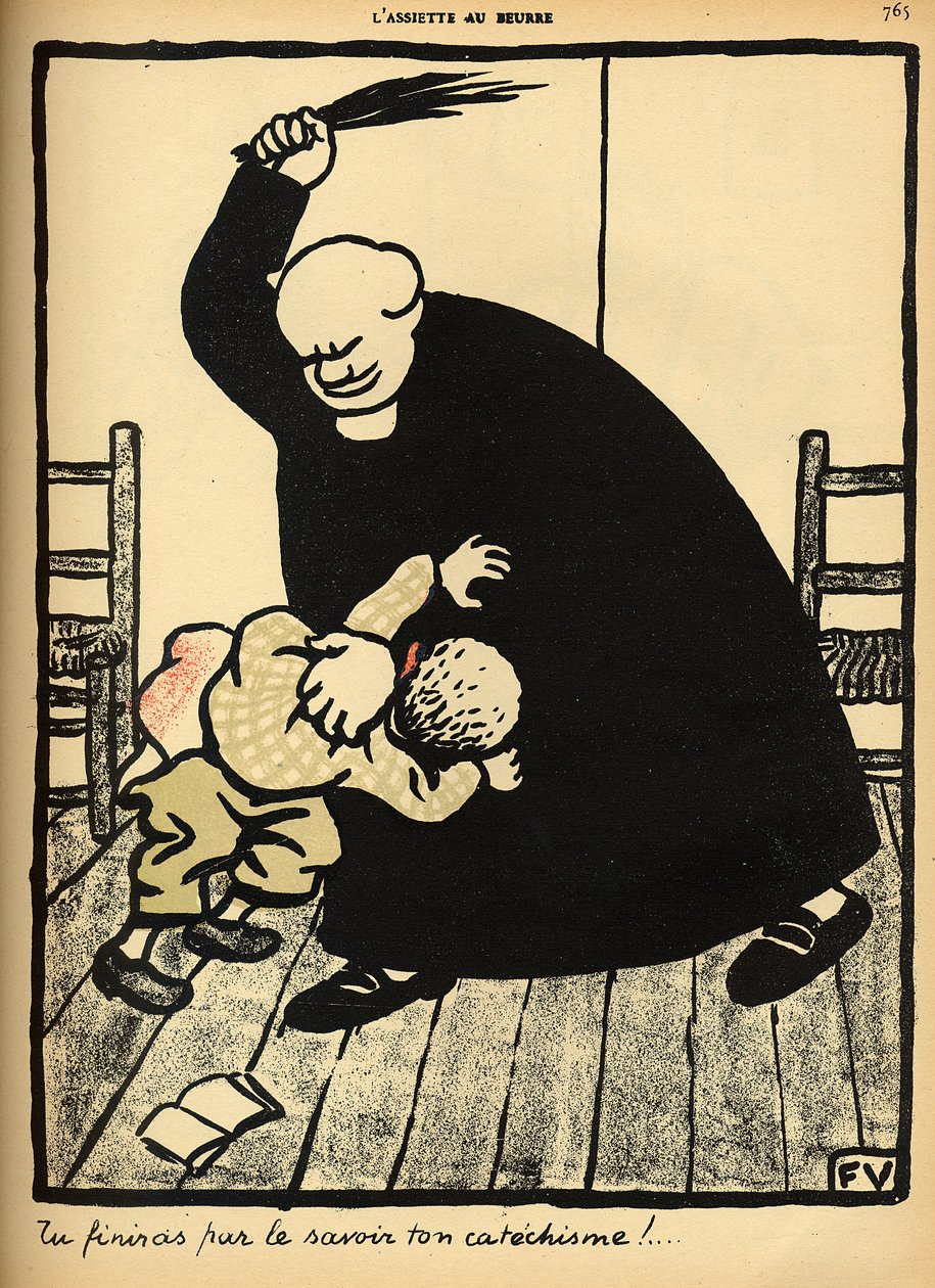 一位名叫“犯罪与惩罚”的男孩击败了一个男孩，特别版“L&39;Assiette au Beurre”，1902年3月1日 作者 费利克斯·爱德华·瓦洛顿
