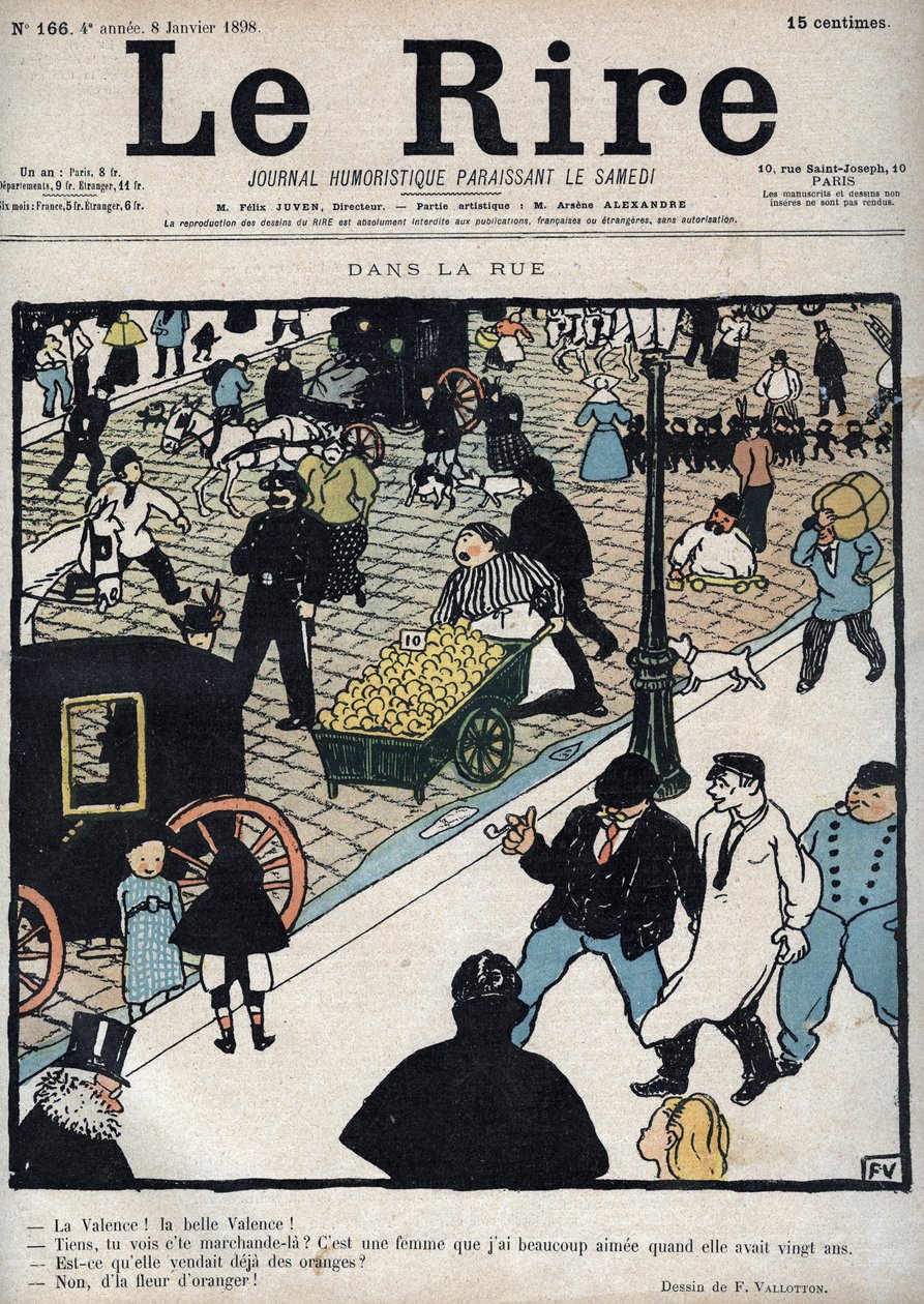 在大街上-1898年1月6日的报纸“ Le Rire”的封面，菲利克斯·瓦洛顿（Felix Vallotton）绘画 作者 费利克斯·爱德华·瓦洛顿