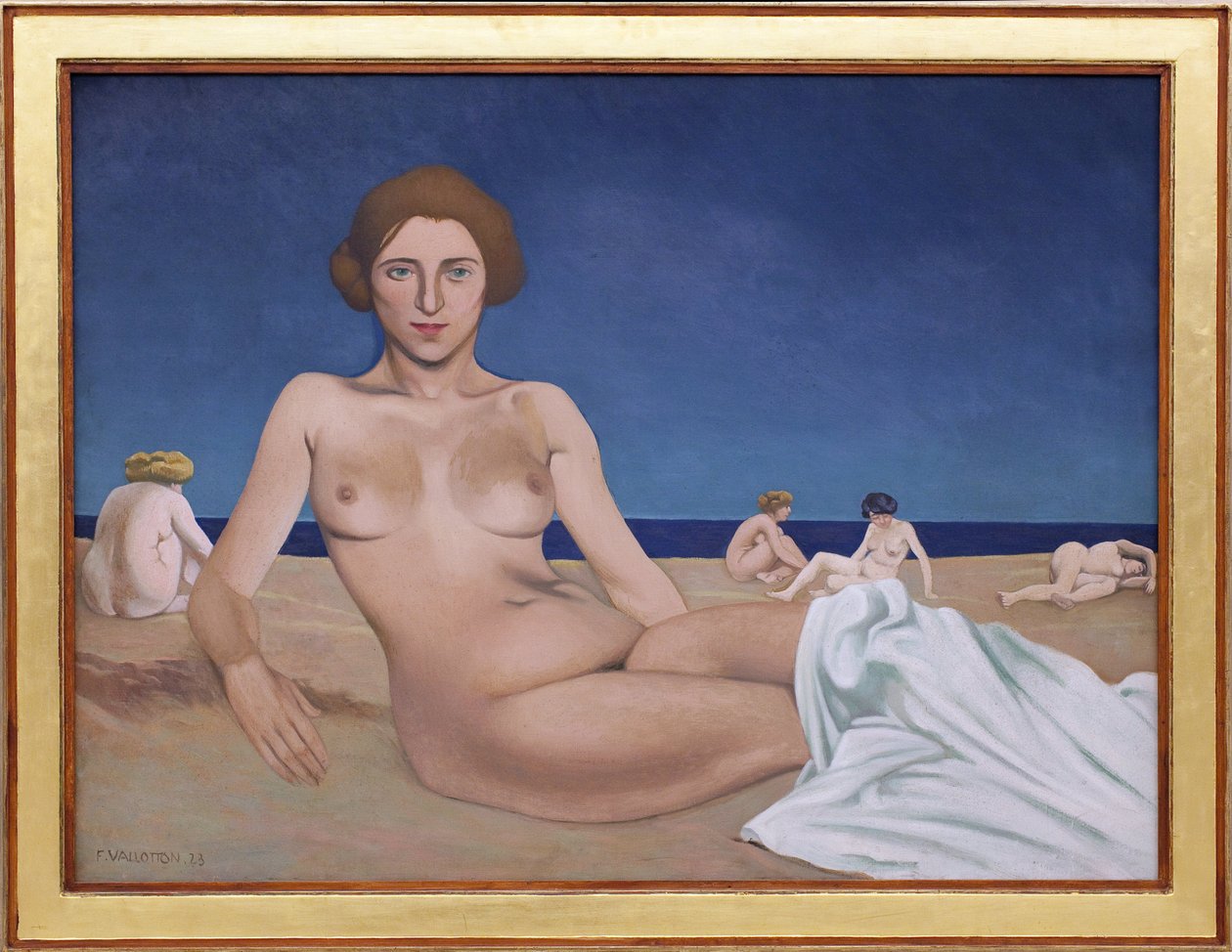 在沙滩上晒太阳。 菲利克斯·爱德华·瓦洛顿 (Felix Edouard Vallotton) 的绘画 (1865-1925) 作者 费利克斯·爱德华·瓦洛顿