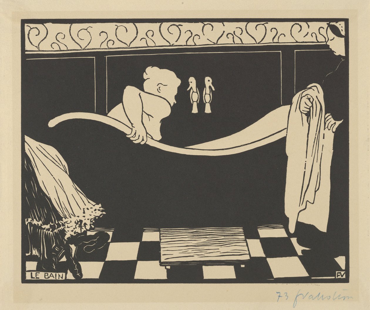 巴斯（Le Bain），1894年（奶油编织纸上的木刻） 作者 费利克斯·爱德华·瓦洛顿