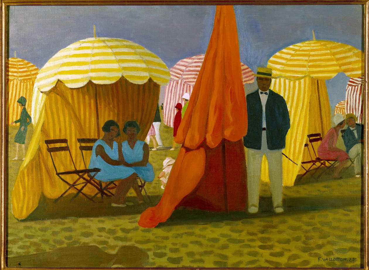 沙滩。 在遮阳伞下避风的度假者。 菲利克斯·瓦洛顿 (Felix Vallotton) (1865-1925) 的绘画 跟随。 作者 费利克斯·爱德华·瓦洛顿