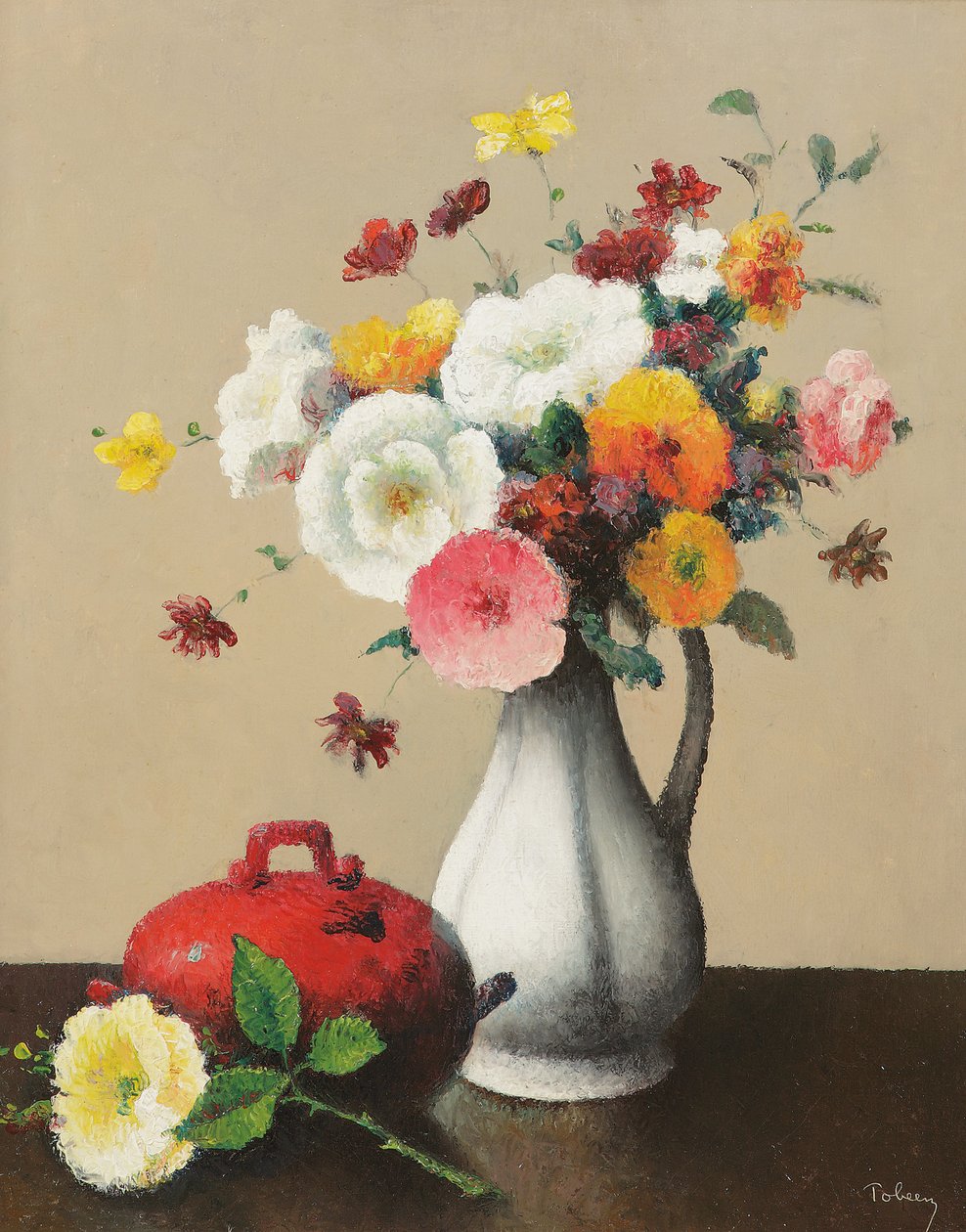白色花瓶和红色盒子（布面油画） 作者 菲利克斯·埃利·托宾