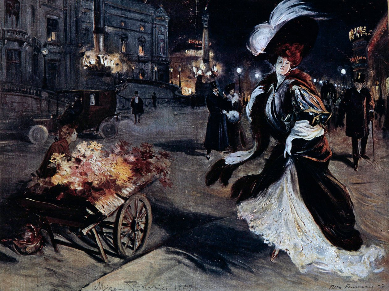 Belle Epoque：夜晚巴黎街道上白鹭的女人。 Felix Fournery (1865-1938) 的插图 作者 费利克斯·富纳（Felix Fournery）