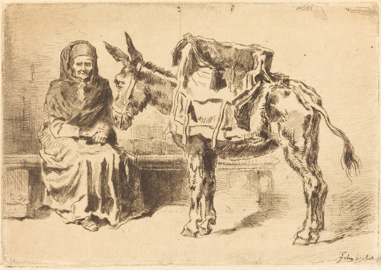 Cacoletière Assise 坐着的女人和驴，1875年。 作者 菲利克斯·希拉勒·布霍特