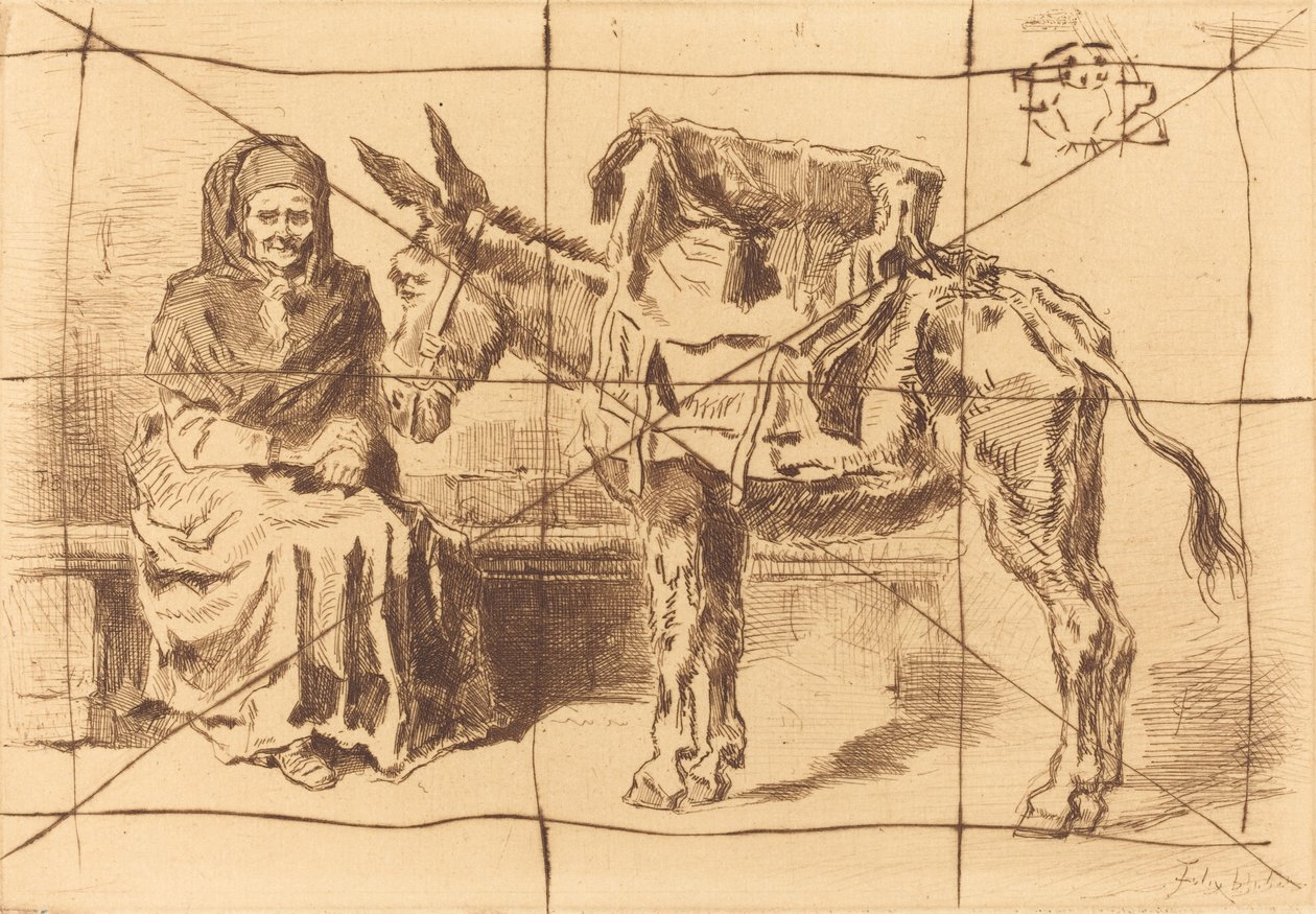 Cacoletière Assise 坐着的女人和驴，1875年。 作者 菲利克斯·希拉勒·布霍特