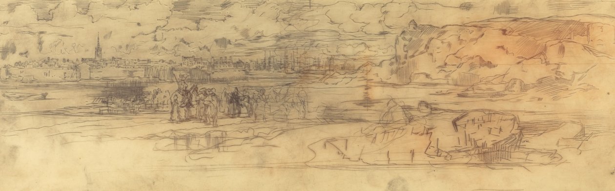 河口，左边是设防的海港，右边是悬崖，约1882年。 作者 菲利克斯·希拉勒·布霍特