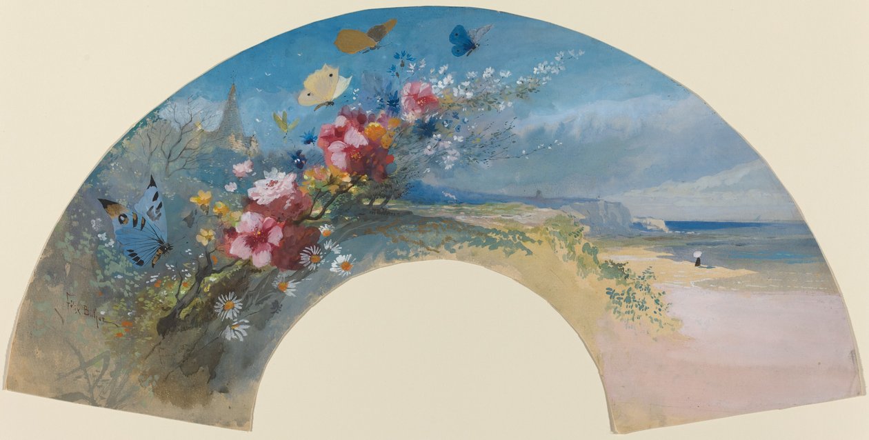 以诺曼海岸为背景的野花和蝴蝶的扇子，约1875年。 作者 菲利克斯·希拉勒·布霍特