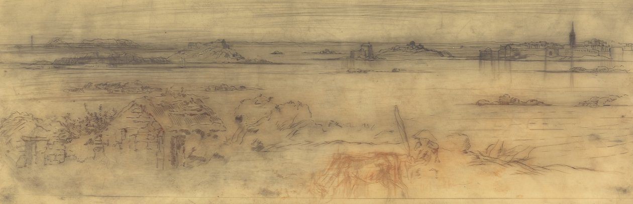 海景画，右边是一个设防的城市，左边是岛屿，前景是一个小屋，c1882。 作者 菲利克斯·希拉勒·布霍特