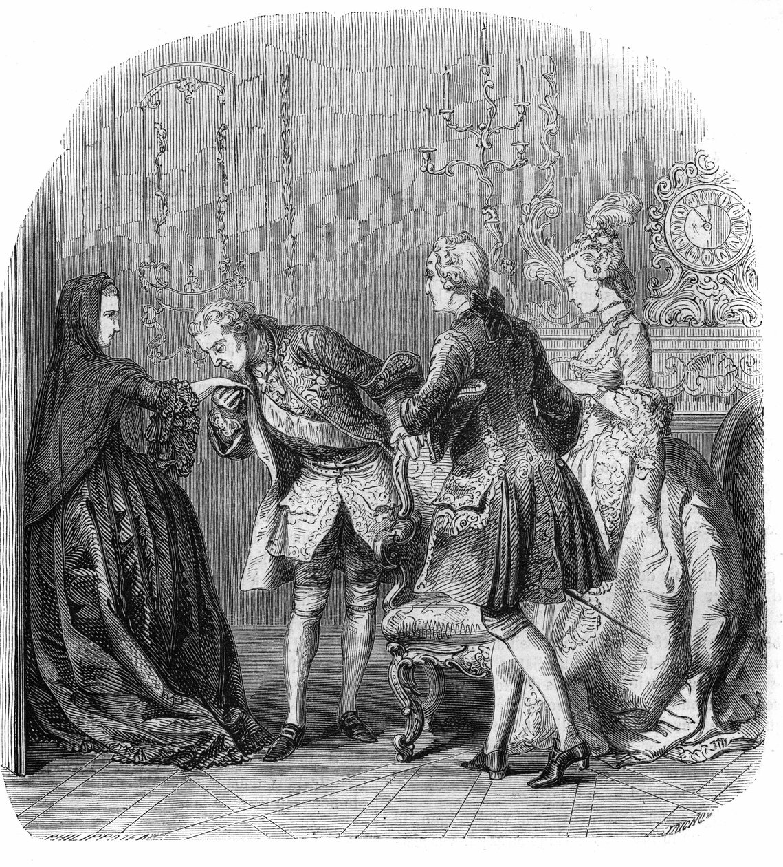 路易十五（1710-1774）亲吻兰巴勒公主（Marie Therese Louise de Savoie-Carignan或Savoie Carignan）（1749-1792）的手，当时黎塞留侯爵和梅勒-兰格（未来的巴里伯爵夫人（Madame du Barry）nee Jeanne Be）在场。 作者 菲利克斯·菲利波托
