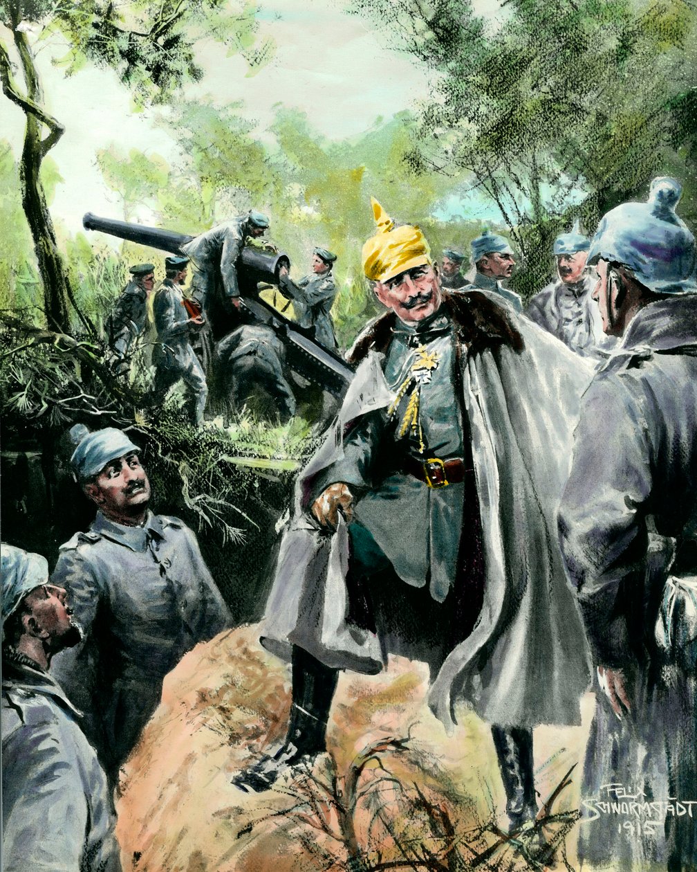 第一次世界大战："威廉二世皇帝（1859-1941）视察炮兵哨所的肖像" 菲利克斯-施沃姆施塔特（1870-？）1915年印刷品 私人收藏 作者 费利克斯施沃姆施塔特