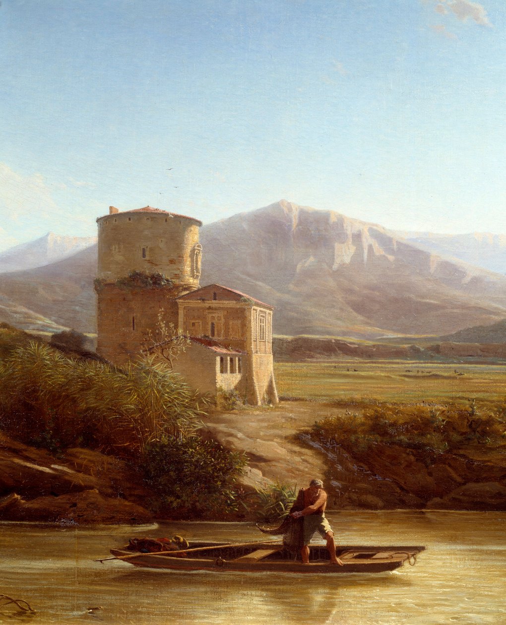 意大利台伯河岸边的渔夫 细节。 Felix Thomas (1815-1875) 的绘画 1864 年南特，Musee des Beaux Arts 作者 费利克斯·托马斯（Felix Thomas）