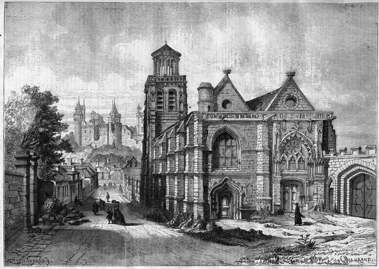 皮卡迪地区瓦兹省皮埃尔丰的圣苏尔皮斯教堂（Saint Sulpice）--1868年根据费利克斯-德-索里尼的绘画作品绘制的版画。 作者 费利克斯·索里尼（Felix Thorigny）