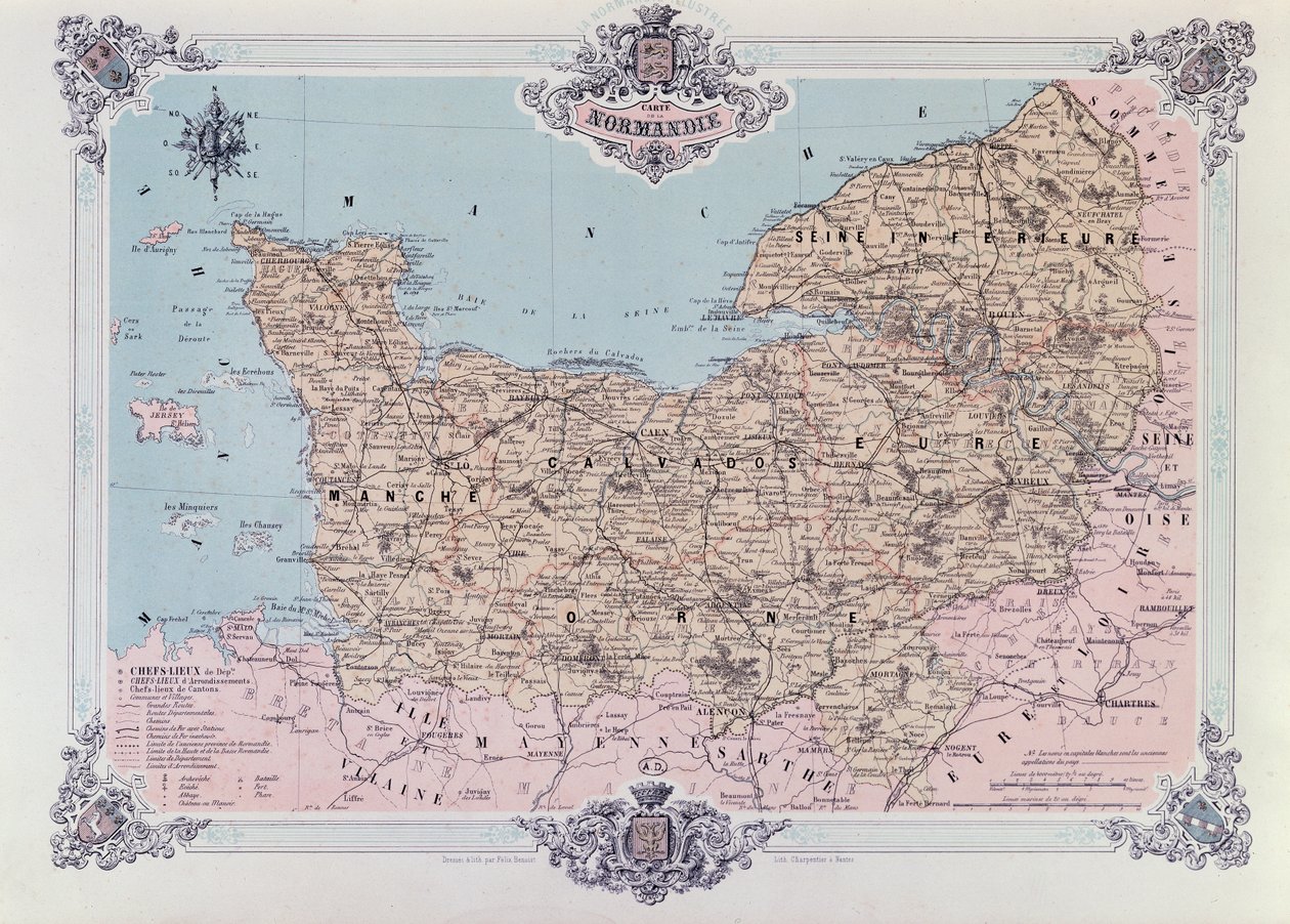 诺曼底地图，来自第一卷La Normandie Illustree，由Charpentier雕刻，出版于南特1852年 作者 菲诺克斯·贝诺斯之后