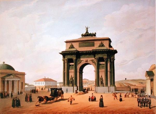 在莫斯科特维尔广场的凯旋门，由Lemercier，巴黎，1840年代印刷 作者 菲诺克斯·贝诺斯之后