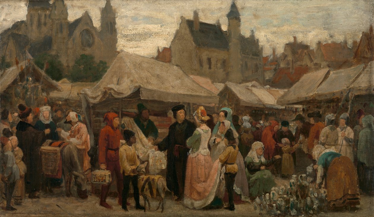 中世纪根特的集市，研究，约 1862 年（布面油画） 作者 费利克斯·德·维涅