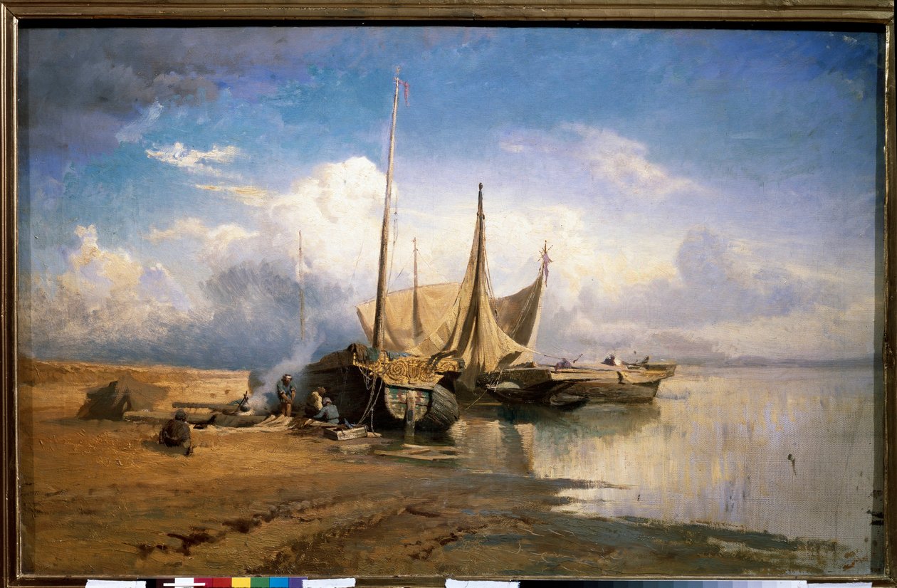 Vue de la Volga, bateaux (View of the Volga, Boats) - Peinture de Fyodor Alexandrovich Vasilyev (Feodor Alexandrovich, Fiodor Alexandrovitch Vassiliev) (1850-1873), huile sur toile 作者 费奥多·亚历山德罗维奇·瓦西里耶夫