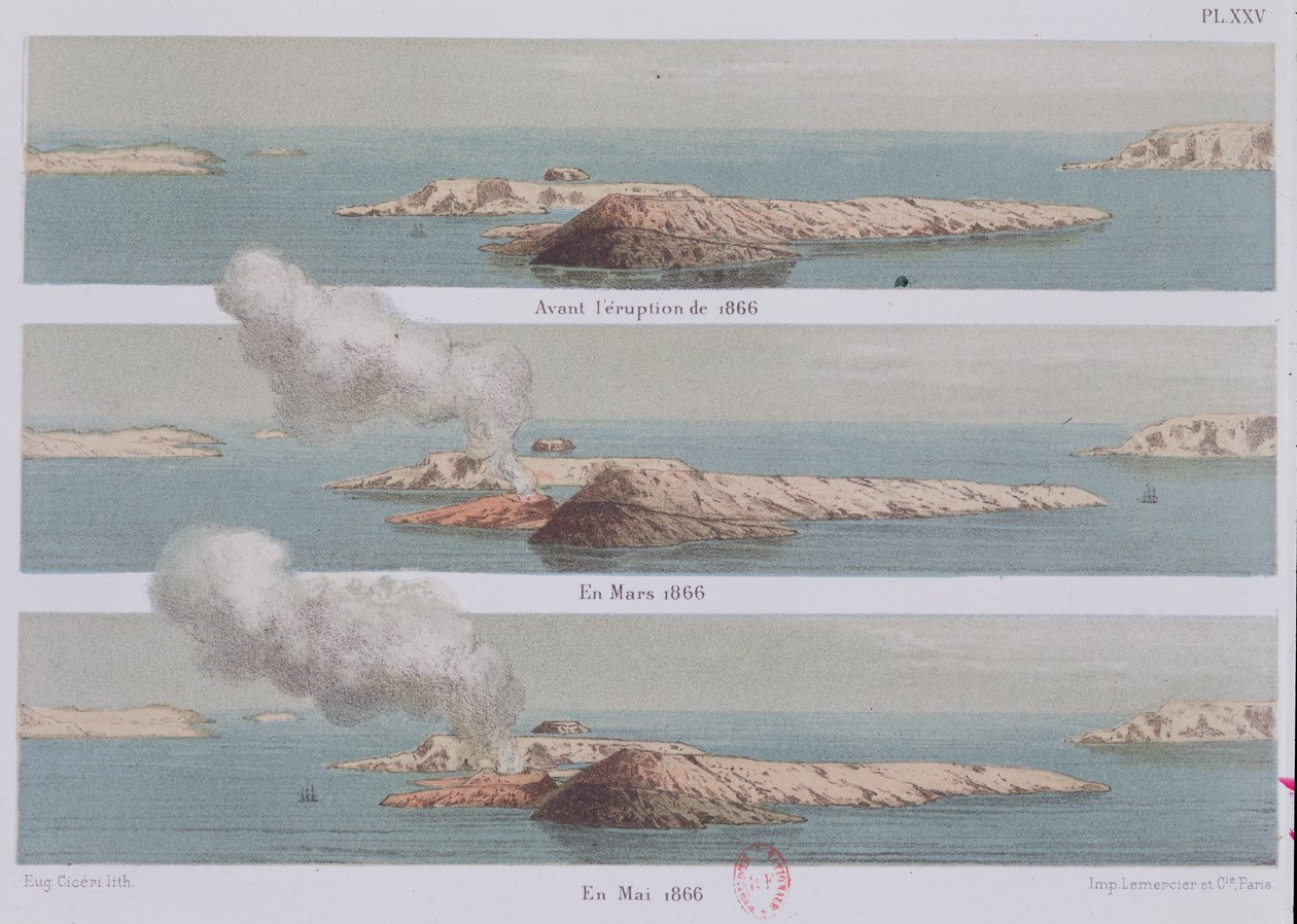 乔治斯火山的喷发，圣托里尼的插图和艺术家的喷发，由Eugene Ciceri雕刻，1879年 作者 费迪南德·福克