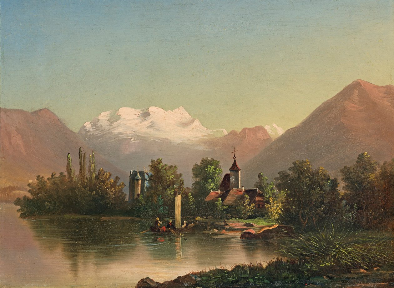 Schadau城堡与Scherzlingen教堂和Blümlisalp（1871年） 作者 费迪南德·霍德勒
