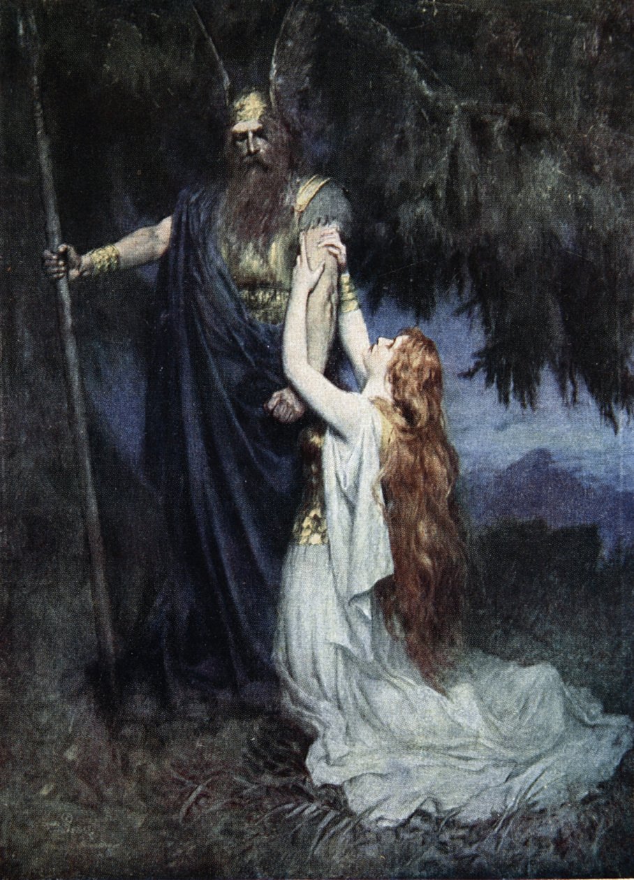 Brunhilde跪在他的脚下，来自J.Walkner McSpadden（1874-1960）的“瓦格纳剧的故事”，1905年 作者 费迪南·里克