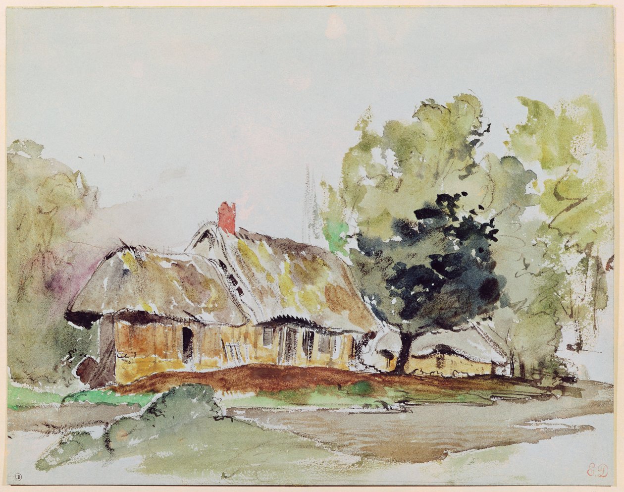 夏季大树下的小屋，1831年（铅笔和纸上的wc） 作者 费迪南德·维克多·尤金·德拉克罗瓦