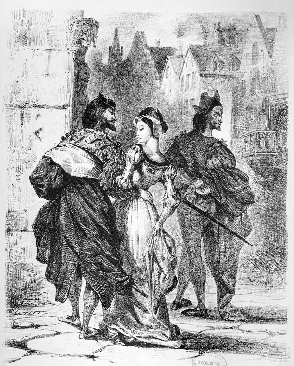 1828年之后浮华与歌德的浮士德的玛格丽特会面，（插图），（石版画照片） 作者 费迪南德·维克多·尤金·德拉克罗瓦