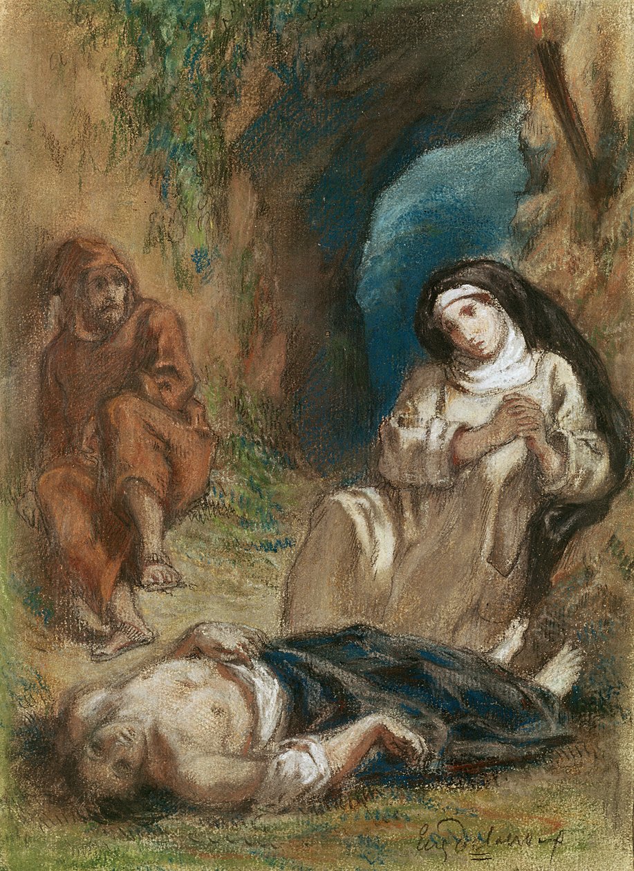 Lelia in the Cave，来自&39;Lelia&39;，来自George Sand（1804-76）c.1852（粉彩纸） 作者 费迪南德·维克多·尤金·德拉克罗瓦