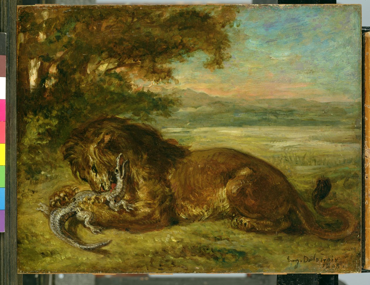 狮子和鳄鱼，1863年 作者 费迪南德·维克多·尤金·德拉克罗瓦