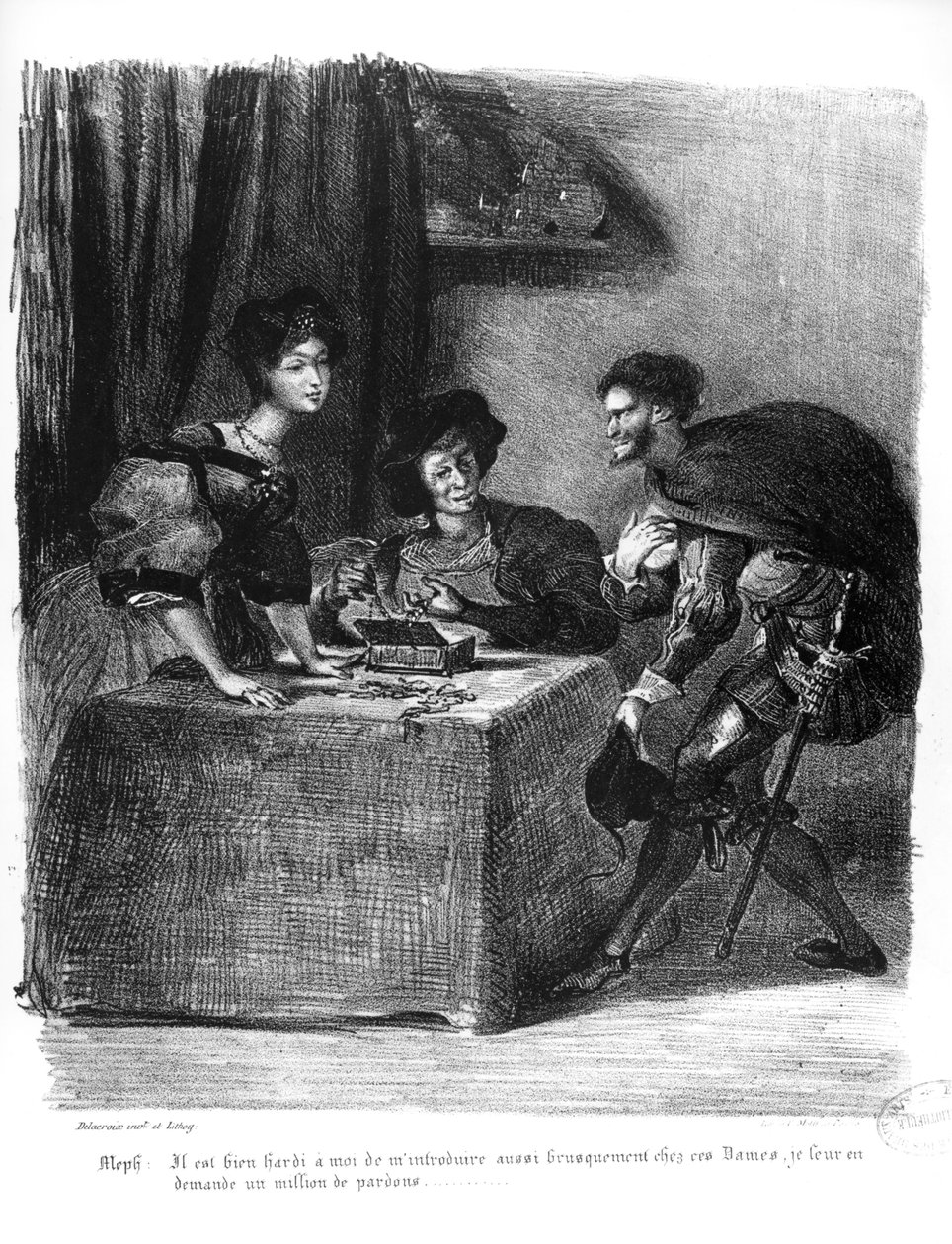 Mephistopheles，玛莎和玛格丽特，来自歌德的浮士德，1828年，（插图），（bw照片的石版画） 作者 费迪南德·维克多·尤金·德拉克罗瓦