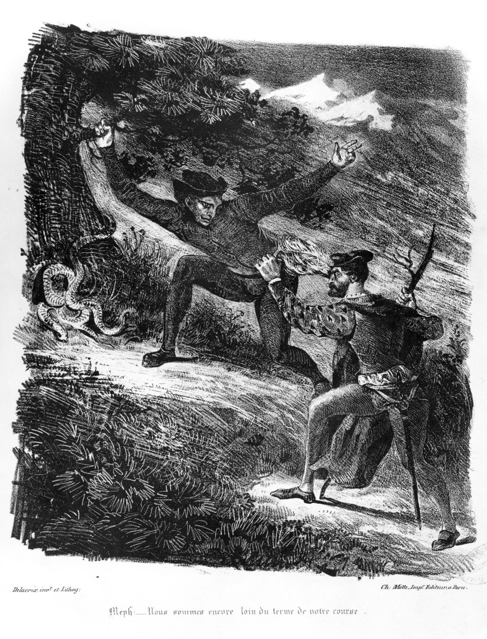 Mephistopheles和Faust在他们前往安息日的路上，1828年歌德的浮士德插图（bw照片版画） 作者 费迪南德·维克多·尤金·德拉克罗瓦