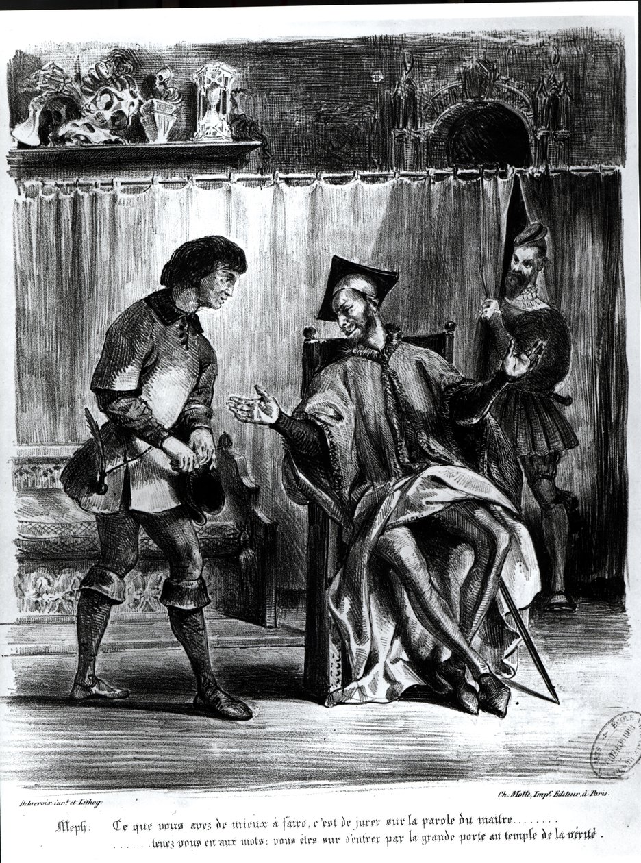 Mephistopheles和瞳孔，来自歌德的浮士德，（插图），（bw照片的石版画） 作者 费迪南德·维克多·尤金·德拉克罗瓦