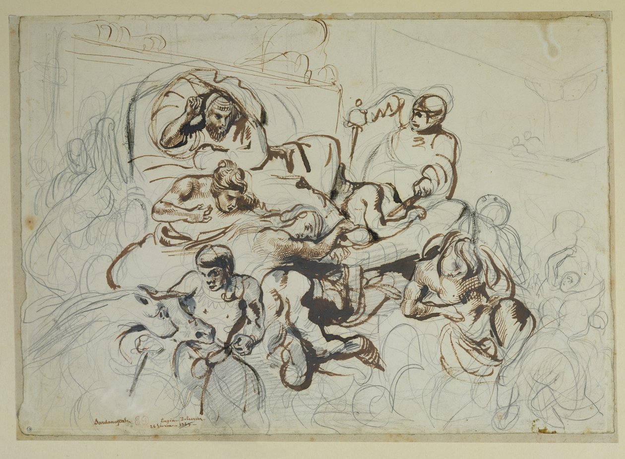Sardanapalus死亡的研究，1864年（纸笔墨水和石墨） 作者 费迪南德·维克多·尤金·德拉克罗瓦