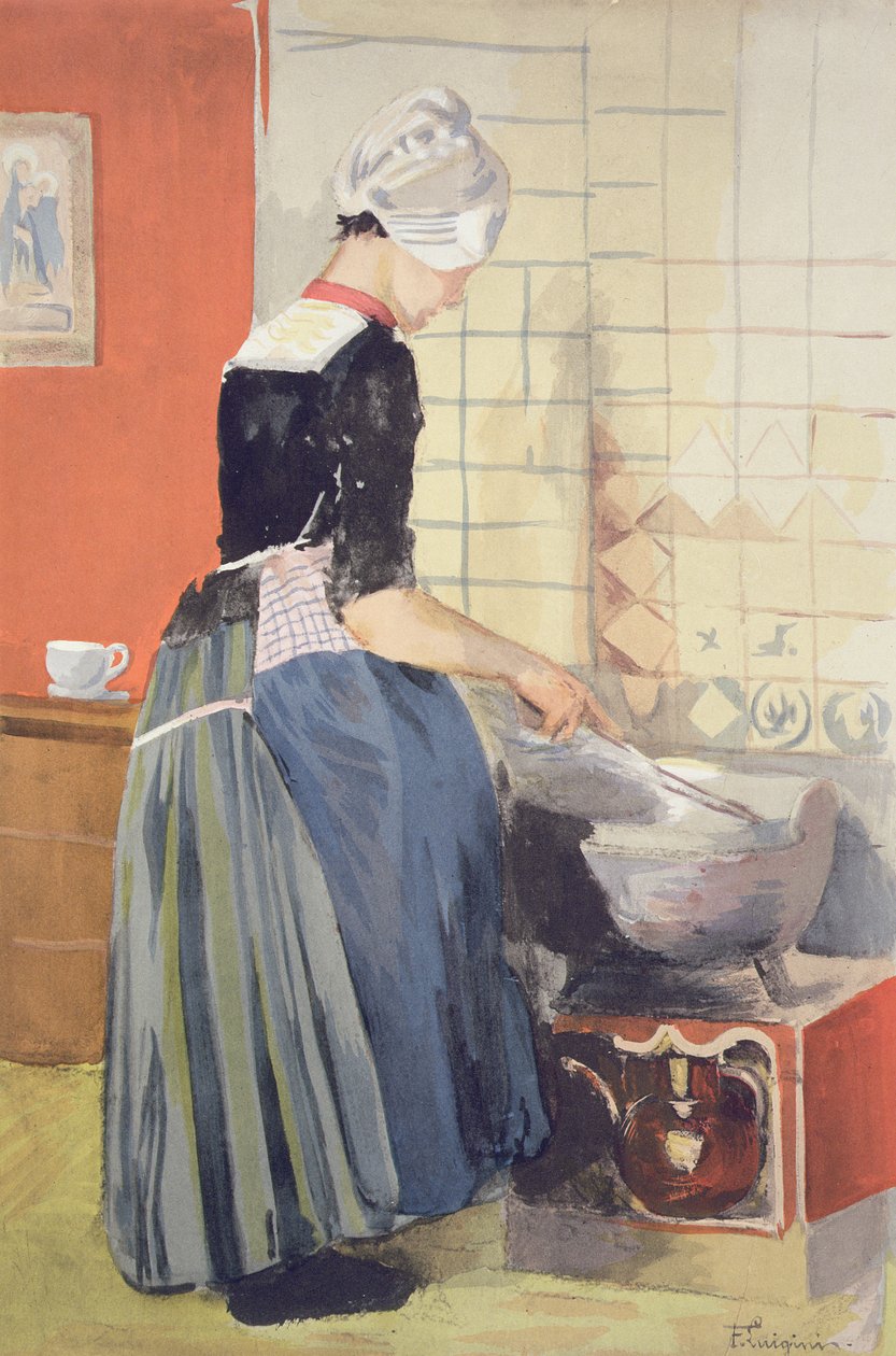 荷兰女孩烹饪，来自LEstampe Moderne，1897年至1996年出版巴黎 作者 费迪南德·简·路易吉尼