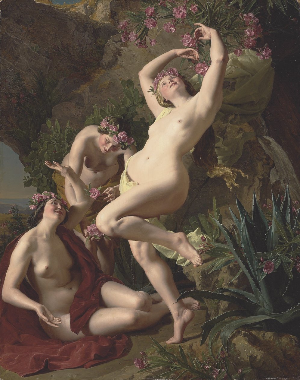 德语：Die drei Nymphen des Homer 三位戴着玫瑰花环的女神 作者 费迪南德·乔治·沃尔德米勒
